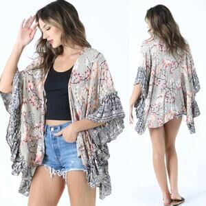 ANGIE Women's Sm Open Front Kimono Top Floral Ruffle Tim Taupe Coral Oversized